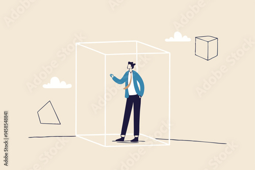 Set privacy zone, personal barrier to focus or work boundary, space to be with yourself concept, introvert businessman drawing box to cover privacy zone or boundary to protect from distraction.