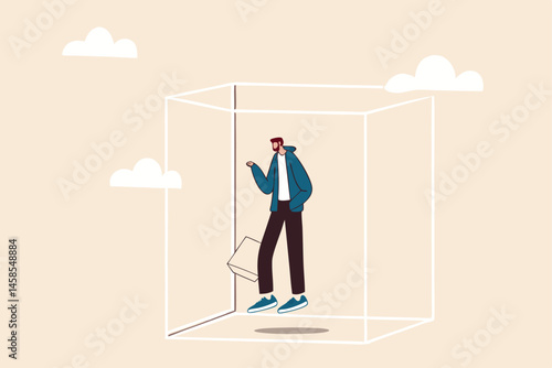 Set privacy zone, personal barrier to focus or work boundary, space to be with yourself concept, introvert businessman drawing box to cover privacy zone or boundary to protect from distraction.