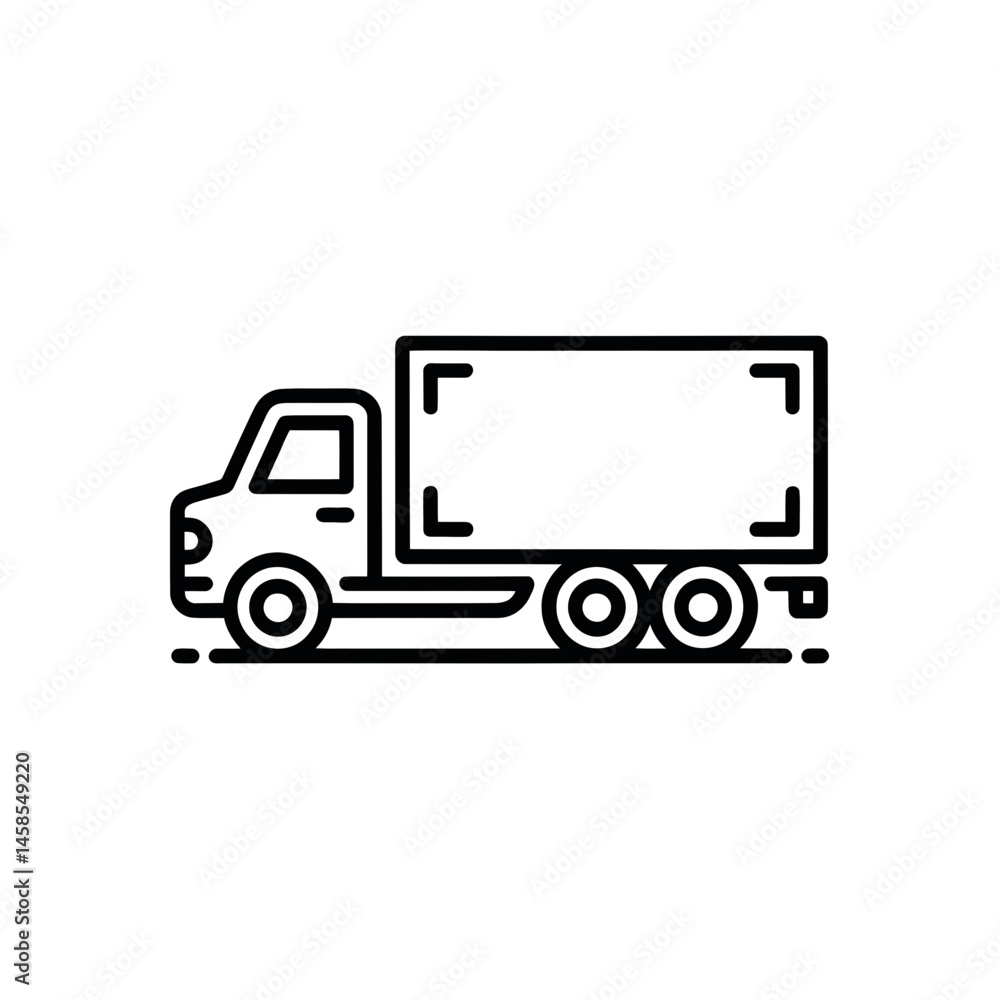 A simple black outline drawing depicts a semi-truck with a large rectangular cargo area and two rear axles A simple black outline drawing depicts a semi-truck with a large rectangular cargo area and two rear axles