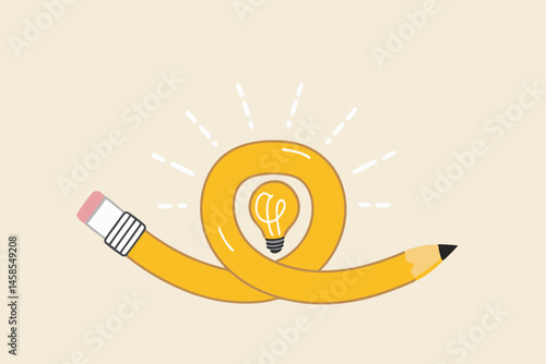 Creative idea, imagination, writing skill or learning and education concept, bending pencil with bright lightbulb idea.