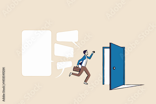 Exit interview, employee feedback before leaving or resignation, staff suggestion to HR human resources concept, resigned businessman employee about to leave the door with interview conversation.