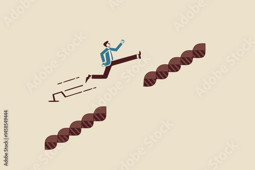 Overcome difficulty or obstacle to grow career path, challenge and risk to success and win business competition concept, ambitious businessman jump pass broken stair gap to reach target.