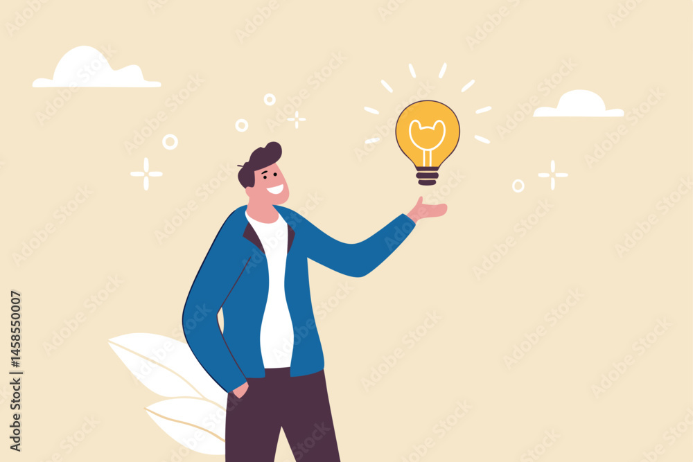 Positive thinking, optimistic mindset or good attitude to success in work, always get idea to solve any problems concept, happy businessman holding smiling lightbulb idea with positive vibes around. Positive thinking, optimistic mindset or good attitude to success in work, always get idea to solve any problems concept, happy businessman holding smiling lightbulb idea with positive vibes around.