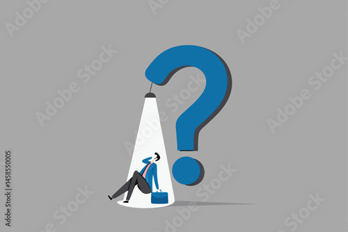 Hope in crisis, solution or opportunity in problem or difficulty, idea discovery to solve trouble concept, depressed businessman just discover light of hope and opportunity from question mark problem.