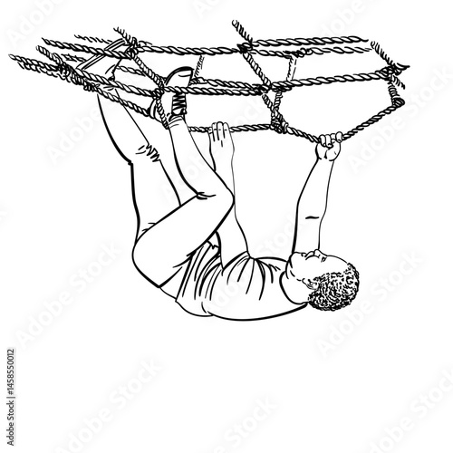 Hand-drawn vector illustration of a Black man climbing a rope net with powerful grip. Clean black and white line art without shading. Fitness, obstacle course, and athletic performance concepts