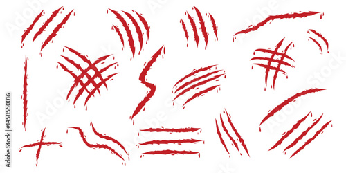 Collection of vector bloody claw scratch marks in various shapes. Red wounds with dripping blood. Horror themed design. Isolated on white.