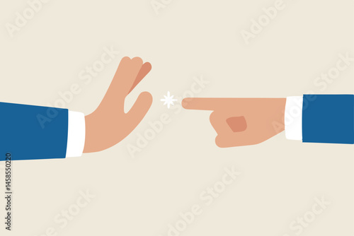 Management skill to stop or compromise disagreement conflict, business war, fight, dispute, argument or negotiation concept, businessman hand one pointing at other and another one with stop gesture.