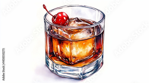 refreshing cocktail in a rock glass with cherry garnished watercolor on white background.ai 