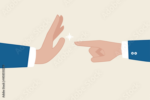 Management skill to stop or compromise disagreement conflict, business war, fight, dispute, argument or negotiation concept, businessman hand one pointing at other and another one with stop gesture.