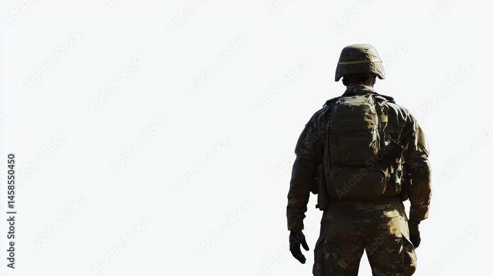 A Soldier's Silhouette: Back view of a soldier standing against a white background, carrying a backpack. A Soldier's Silhouette: Back view of a soldier standing against a white background, carrying a backpack.