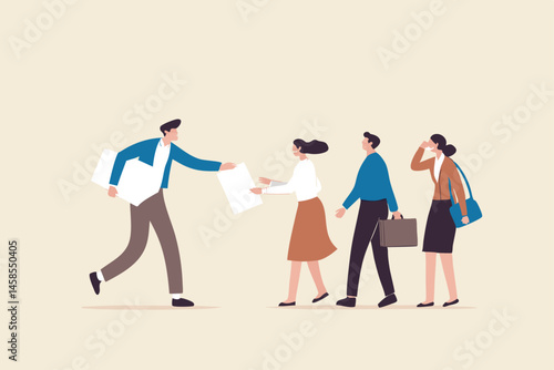 Work delegation, manager distribute work assignment to team member colleagues, assign tasks, job or project to staff responsibility concept, businessman manager delegate project assignment to team.