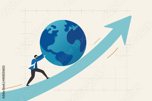 Pushing world economic forward, international investment growth or company success in world business competition concept, businessman leader push the world up rising up graph with full effort.
