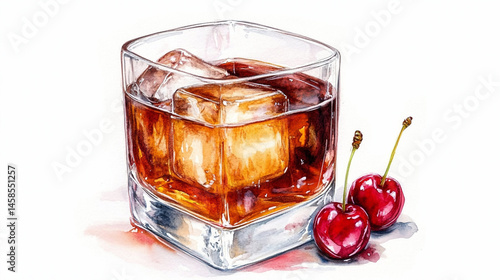 refreshing cocktail in a rock glass with cherry garnished watercolor on white background.ai 