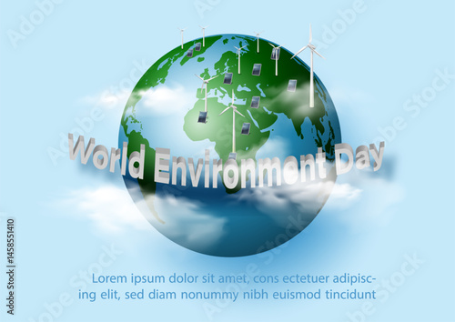 Poster illustration campaign of World Environment's day with realistic global, ecology and green power system, wording of event and example texts on blue background. All in vector design