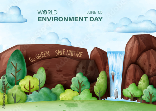 Image of water falls landscape in watercolors style, Poster illustration campaign of world environment day in vector design
