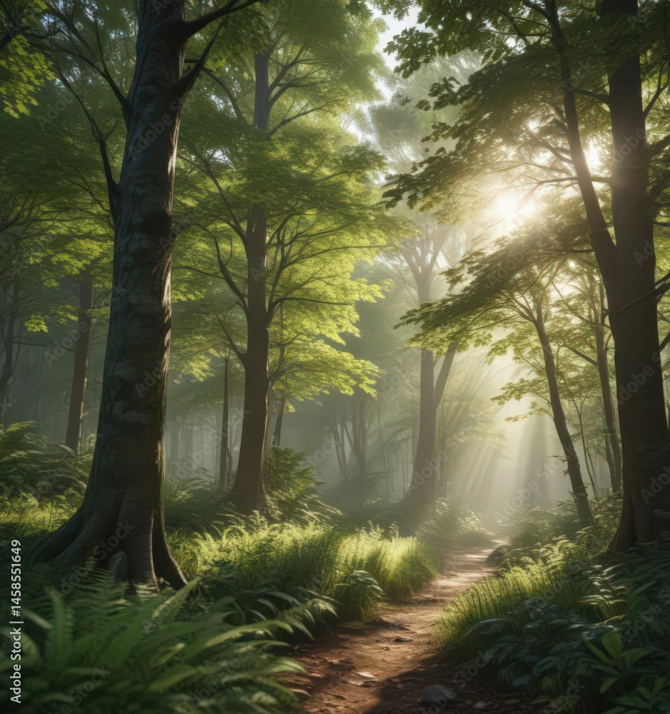 Fototapeta premium Dense forest with sunlight dappling through leaves, landscape, bark, forest