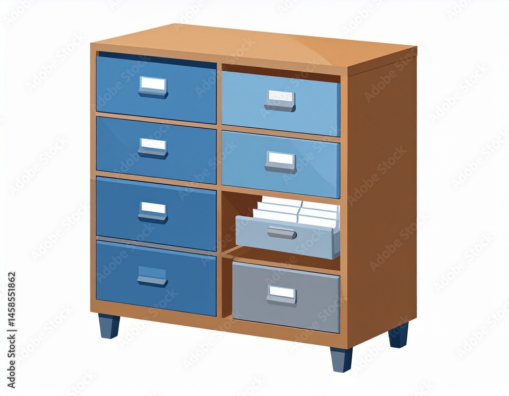 Cartoon depiction of a wooden cabinet with multiple drawers, some blue, some open. Some documents are visible Cartoon depiction of a wooden cabinet with multiple drawers, some blue, some open. Some documents are visible