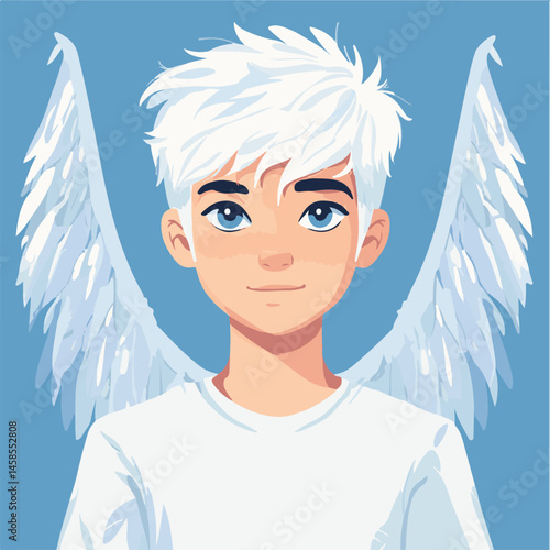 Angelic Boy With White Wings On Light Blue Background Vector Illustration