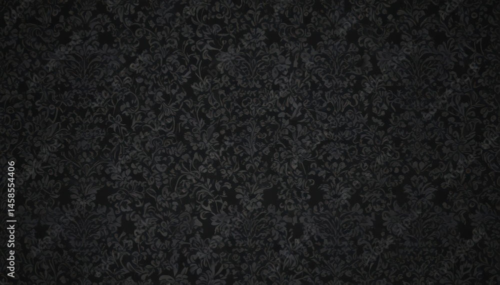 Fototapeta premium Intricate black damask floral wallpaper; seamless, gothic, vines, dark, elegant, pattern, texture, wallpaper, illustration