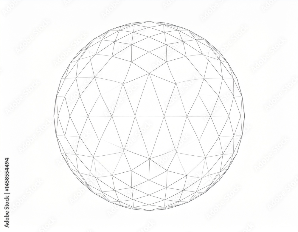 A wireframe sphere composed of interconnected triangles against a plain white background. It appears to be a 3D rendering A wireframe sphere composed of interconnected triangles against a plain white background. It appears to be a 3D rendering