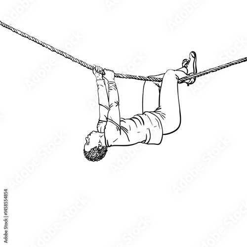 Hand-drawn vector illustration of a strong African-American woman hanging on a rope during obstacle training. Black and white line art without shading. Fitness, empowerment, sports challenge concepts