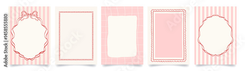 Vintage hand drawn frames with whimsical lines, bows, ribbons. Cute pink red minimalist line art borders. Vector template for poster, banner, wedding invitation, card.