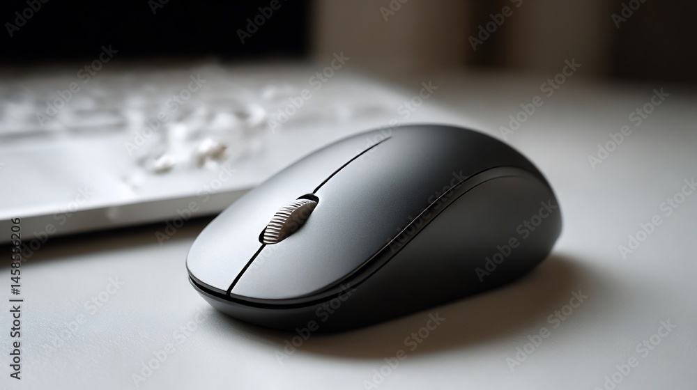 Sleek wireless mouse paired with laptop on a minimalistic workspace setup Sleek wireless mouse paired with laptop on a minimalistic workspace setup