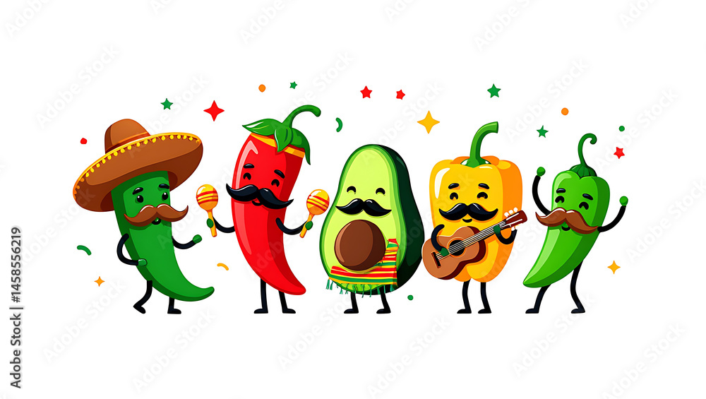 Obraz premium Funny Mexican cartoon vegetables with mustaches and musical instruments on isolated background