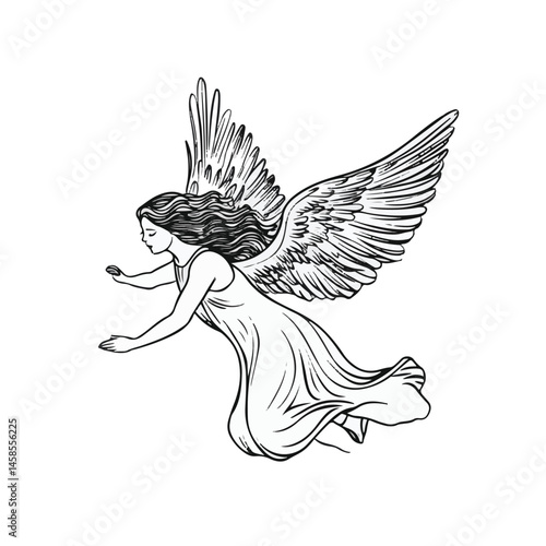 Monochrome Angel Flying With Open Arms Black And White Line Art