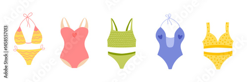 Set of vibrant women’s swimsuits in flat cartoon style. Includes bikinis, one-piece and crop top styles with hearts and zigzag patterns. Colorful beachwear collection 