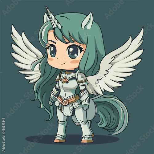 Chibi Style Armored Unicorn Knight With Wings Full Body Illustration