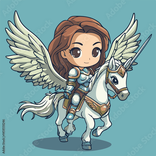 Chibi Female Knight Rides Winged Unicorn Cartoon Style Illustration Fantasy Theme