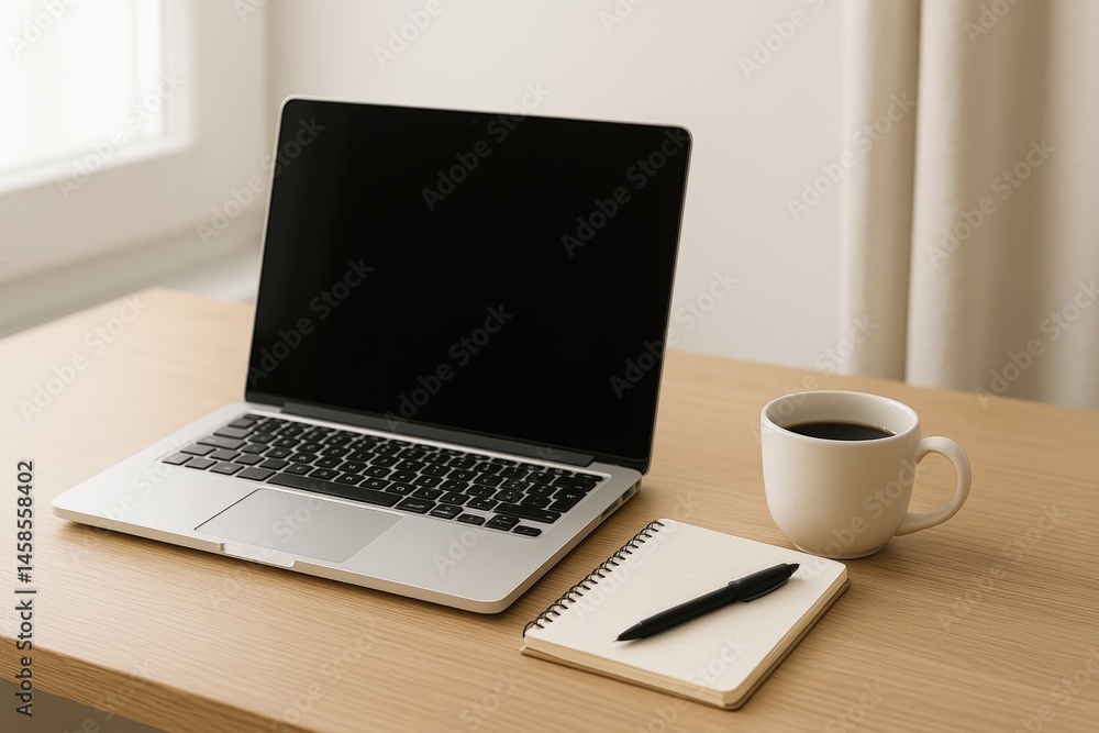 Modern workspace setup with laptop, notebook, and coffee for productivity and focus Modern workspace setup with laptop, notebook, and coffee for productivity and focus