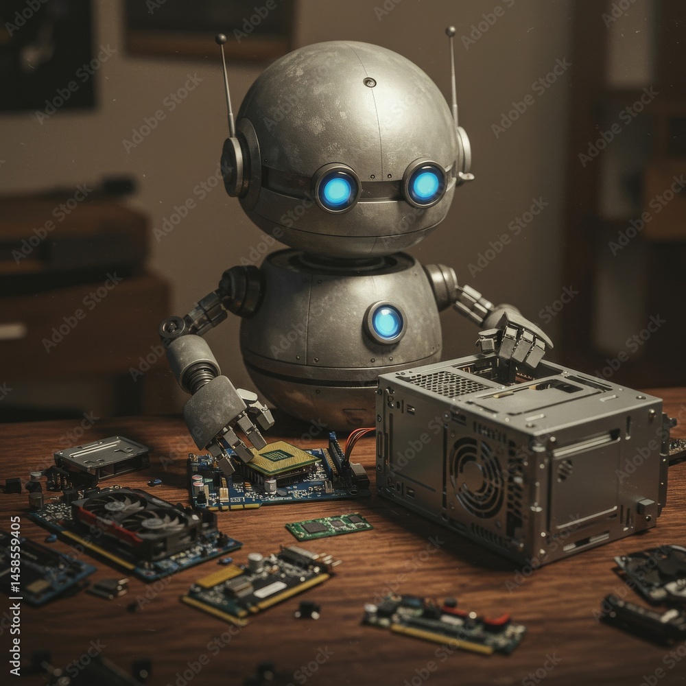 Fototapeta premium A metallic robot repairs computer components on a wooden surface.