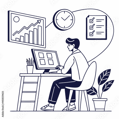 Freelancer working remotely at home with chart on wall, task checklist on screen, productivity concept, vector, white background