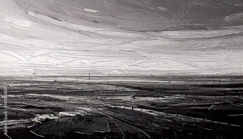 Peinture abstraite en noir et blanc d’un paysage montagneux texturé – huile au couteau sur toile, idéale pour affiches, impressions murales, décors ou design graphique