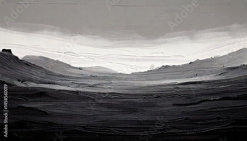 Peinture abstraite en noir et blanc d’un paysage montagneux texturé – huile au couteau sur toile, idéale pour affiches, impressions murales, décors ou design graphique