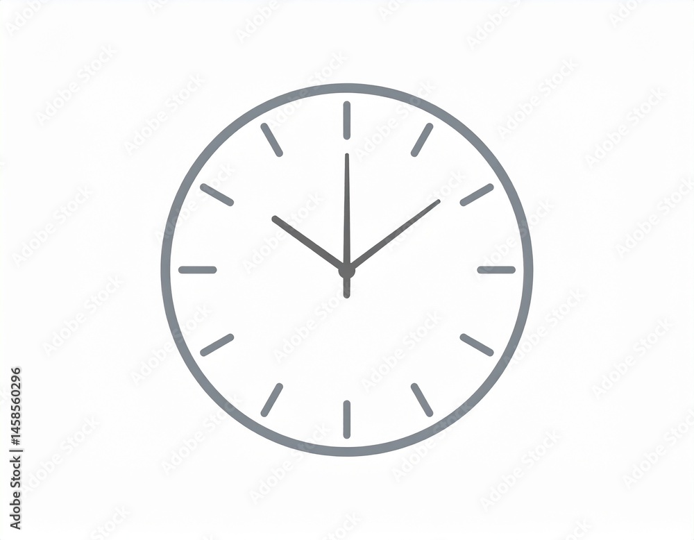 A simple round clock, showing the hands at approximately 1005, with an evenly spaced design A simple round clock, showing the hands at approximately 1005, with an evenly spaced design