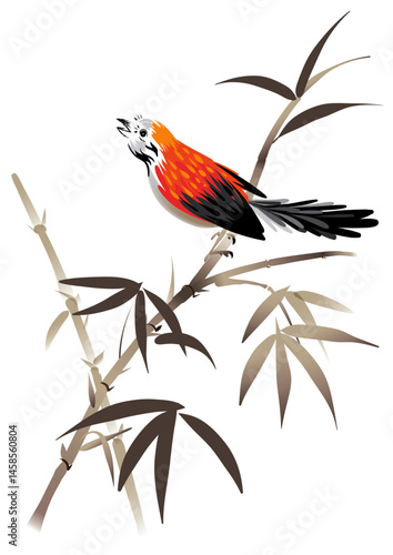 Digital Painting of a sparrow on bamboo branch, Inspired by Chinese Ink Brush-Stroke Style