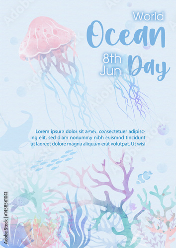 Billede på lærred Scene of under the sea and ocean in multicolor watercolors style and vector design with sea animal and example texts on light blue background