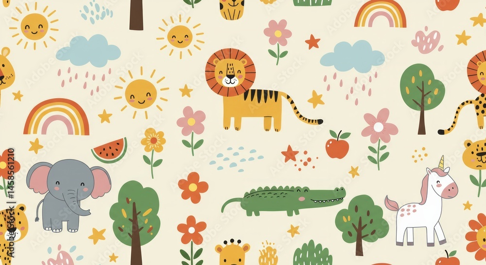Obraz premium Delightful Jungle Friends Seamless Pattern with Smiling Sun and Rainbow Illustration