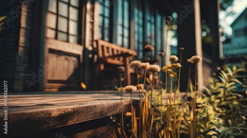Wooden porch with wildflowers