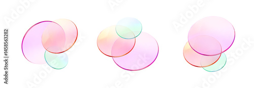 Set 3d glass round shape icon. Transparent circle podium, plate, disk, lens flying. Abstract color crystal element. Pastel gradient platform with glass morphism effect. Vector realistic illustration