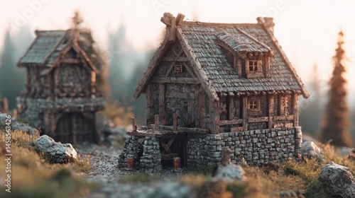 Wooden village model in a mountain setting
