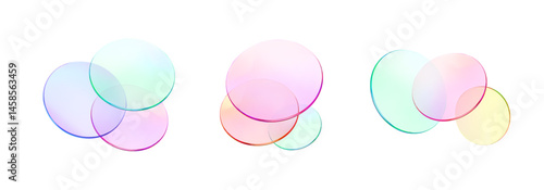 Set 3d glass round shape icon. Transparent circle podium, plate, disk, lens flying. Abstract color crystal element. Pastel gradient platform with glass morphism effect. Vector realistic illustration