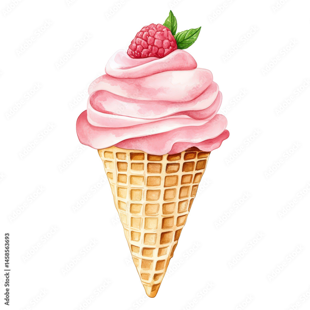 Delicious Swirl of Pink Raspberry Soft Serve Ice Cream in a Crispy Waffle Cone with Fresh Raspberry on Top Delicious Swirl of Pink Raspberry Soft Serve Ice Cream in a Crispy Waffle Cone with Fresh Raspberry on Top