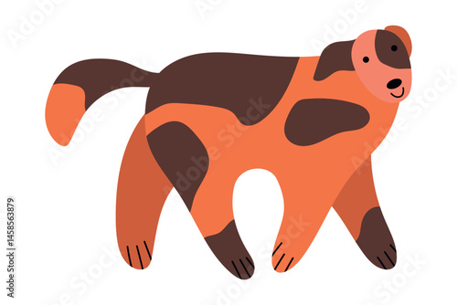 Playful Stylized Dog Vector Illustration in Bright Colors. The dog features orange and brown patches, giving it a cheerful and friendly appearance.