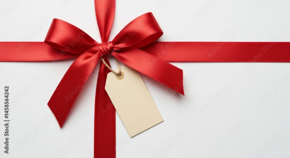Elegant gift wrapped with red ribbon and a blank tag for personalization Elegant gift wrapped with red ribbon and a blank tag for personalization