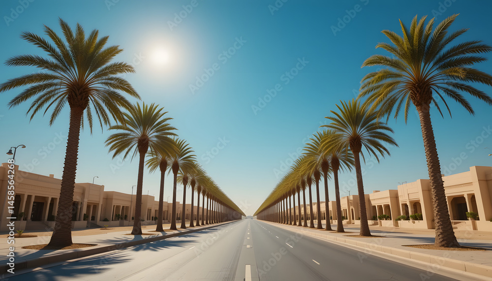 Obraz premium Palm tree avenue in a modern desert city.