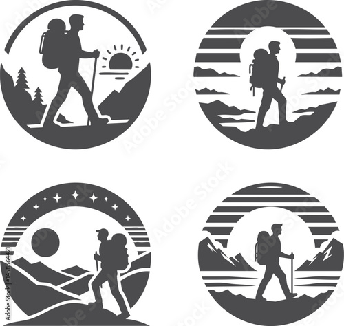 Set of Hiking and Trekking Badge Icons, Featuring Silhouettes of Male Hikers with Backpacks in Mountain and Nature Landscapes